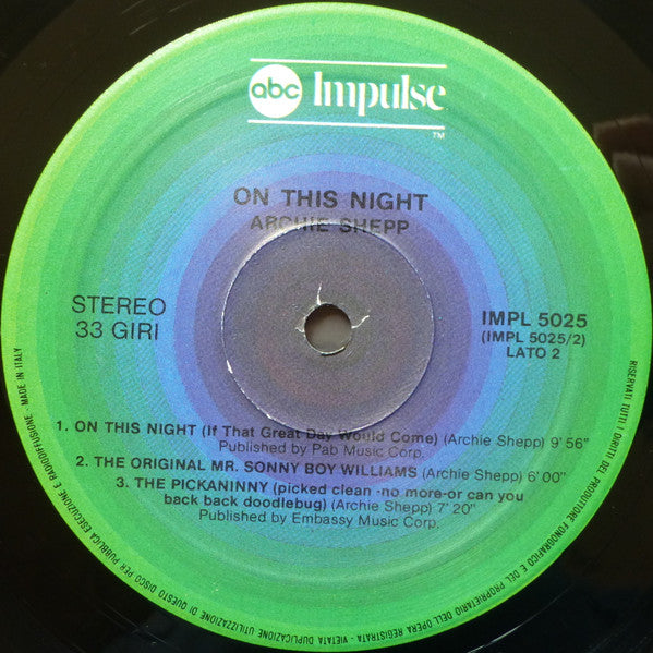 Archie Shepp : On This Night (LP, Album, Gat)