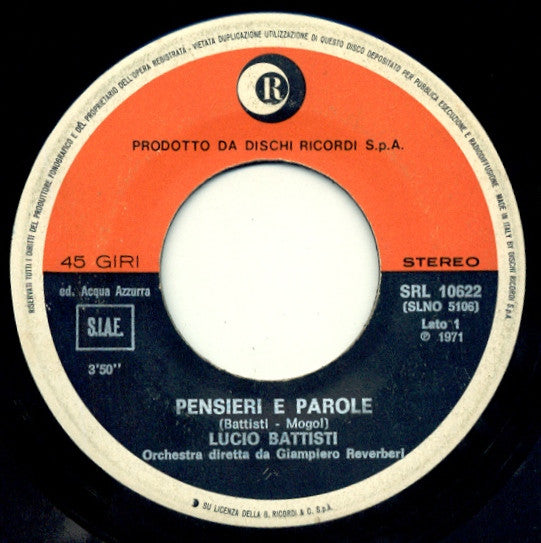 Lucio Battisti : Pensieri E Parole (7")