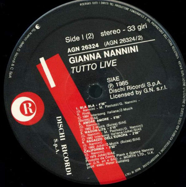 Gianna Nannini & The Primadonnas : Tutto Live (2xLP, Album)