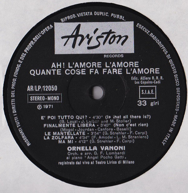 Ornella Vanoni : Ah! L'Amore L'Amore Quante Cose Fa Fare L'Amore (LP, Album, Gat)